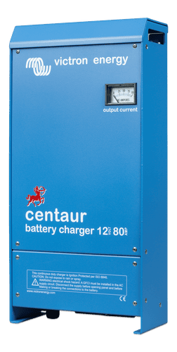 Perspective view of the blue powder-coated aluminium enclosure of the Centaur 12/80 charger