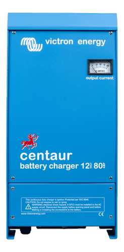 Front view of the blue Victron Centaur 12V 80A charger featuring an analogue output current ammeter