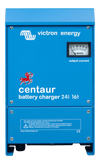 Front view of blue Victron Centaur 24V 16A battery charger with analogue ammeter