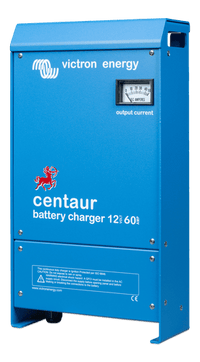 Perspective view of Victron Centaur battery charger in blue aluminium case