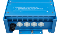 Bottom view of battery charger featuring cable entries, cooling vents and mounting bracket