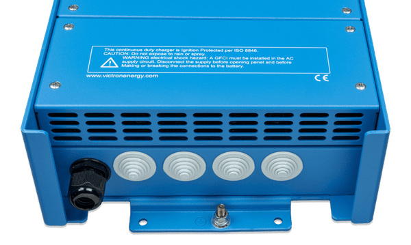 Bottom view of battery charger featuring cable entries, cooling vents and mounting bracket