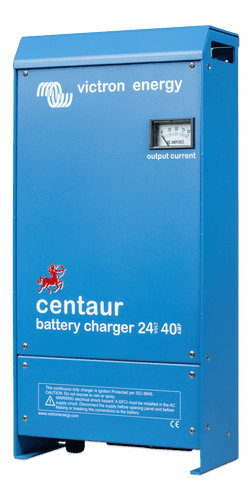 Angled view of the Victron Centaur battery charger in blue aluminium casing