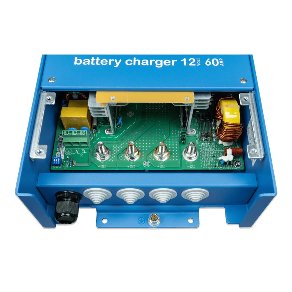 Internal view of Centaur battery charger showing DC output studs and AC input terminals