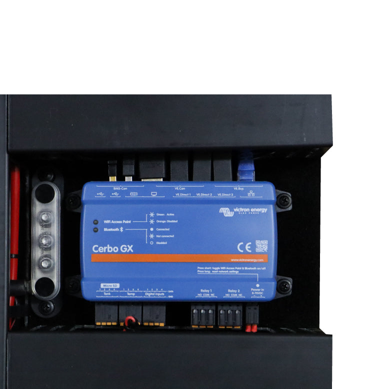Close-up of Cerbo GX communication centre showing ports and connection status LEDs