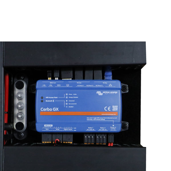 Close-up of Cerbo GX communication centre showing ports and connection status LEDs