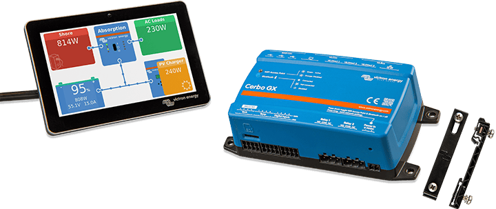 Victron Cerbo GX and GX Touch display shown with large DIN35 adapters for mounting onto an equipment rail