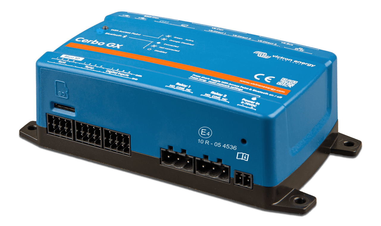 Angled front view of Cerbo GX MK2 showing the Micro SD slot and IO terminal blocks