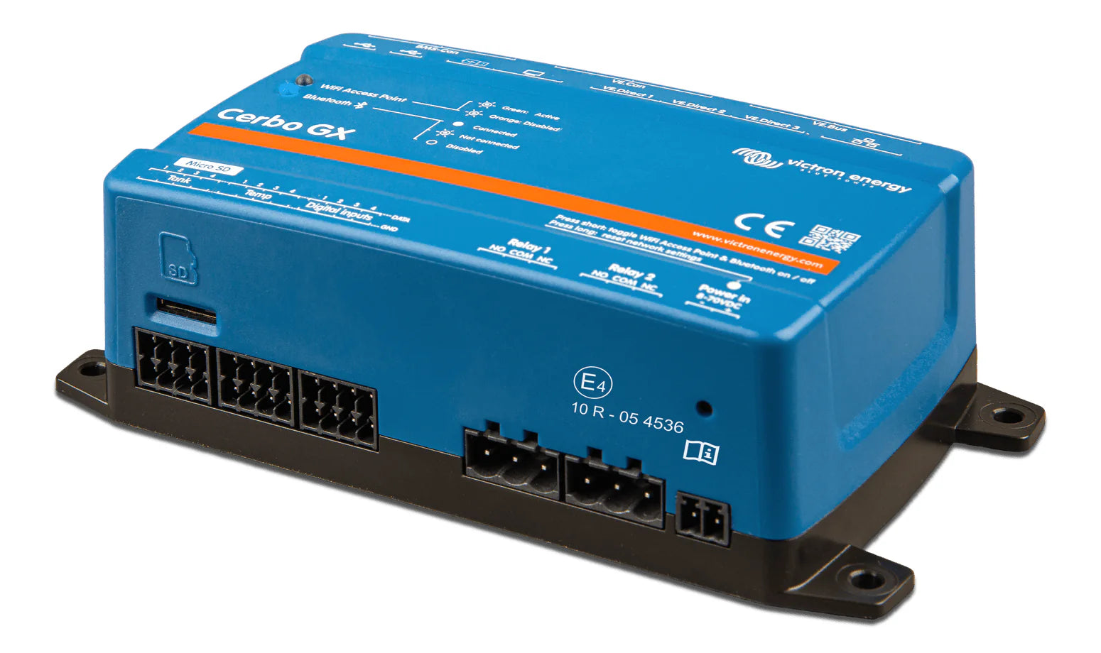 Angled front view of Cerbo GX MK2 showing the Micro SD slot and IO terminal blocks