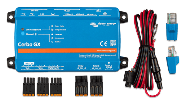 Cerbo GX MK2 with included wiring accessories, terminal blocks, and power cable