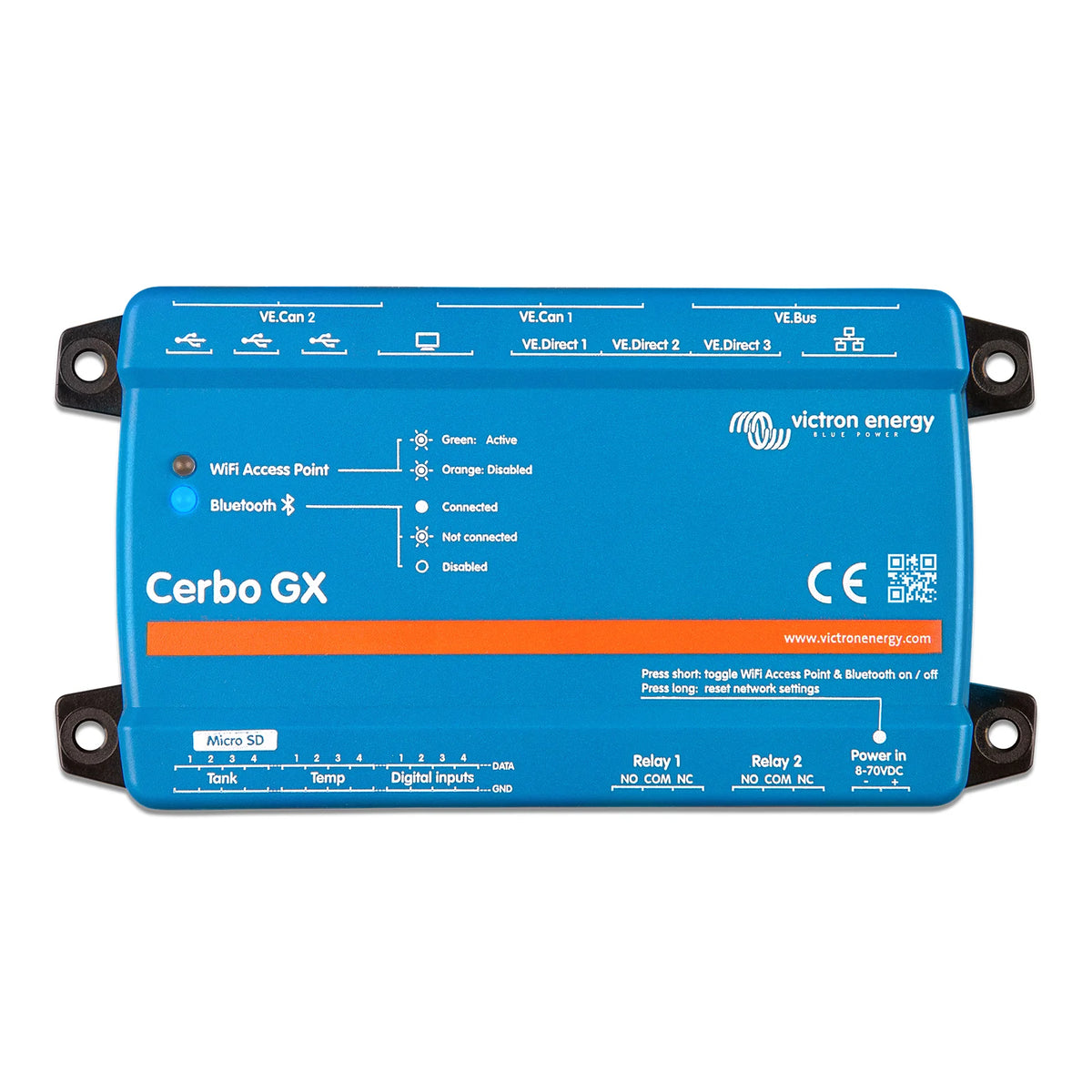 Front panel of a Cerbo GX MK3 system controller showing LED indicators and port labels