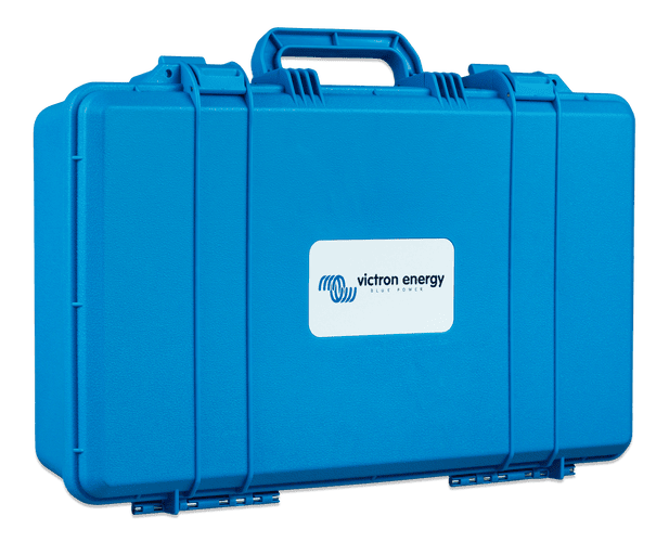 Angled perspective view of the blue Victron IP65 charger carry case