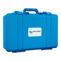 Angled perspective view of the blue Victron IP65 charger carry case