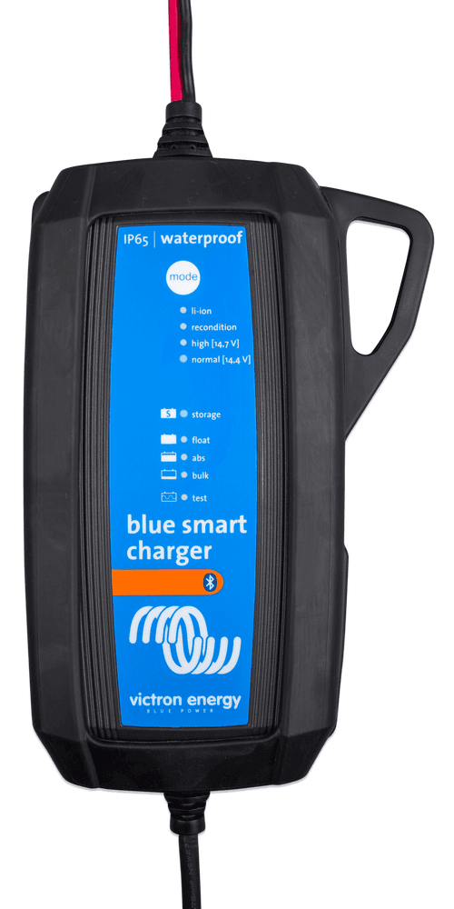 Top-down view of the IP65 battery charger inside the rubber bumper