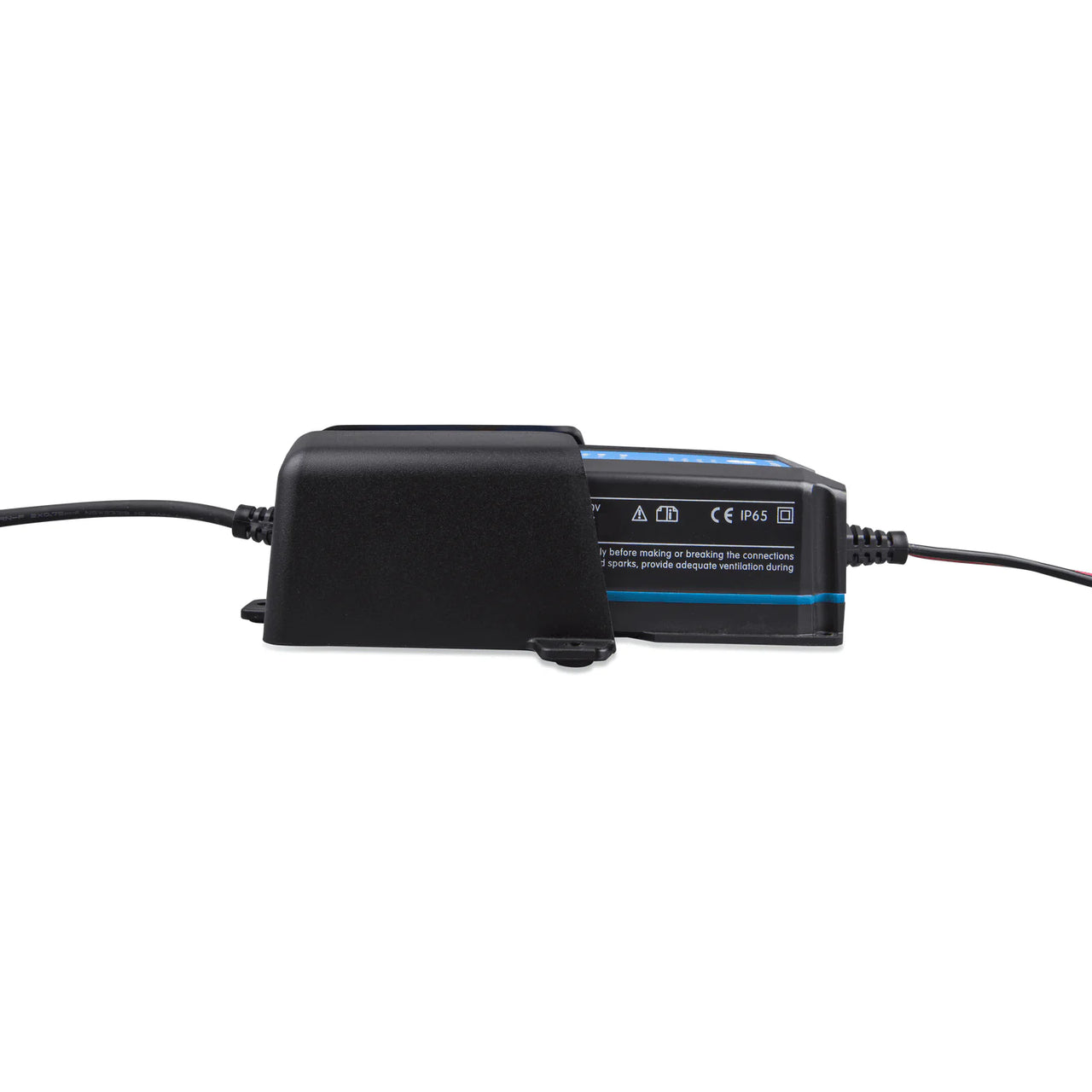 Side view of Blue Smart IP65 battery charger mounted in black wall bracket