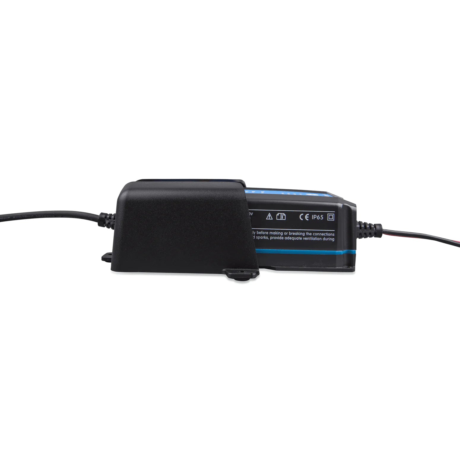 Side view of Blue Smart IP65 battery charger mounted in black wall bracket