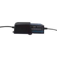 Side view of Blue Smart IP65 battery charger mounted in black wall bracket