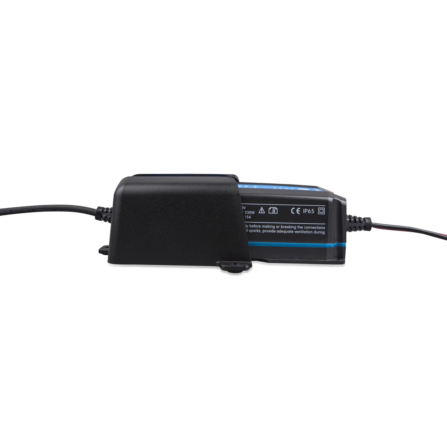 Side profile of a Victron IP65 charger inserted into a black wall mount holster