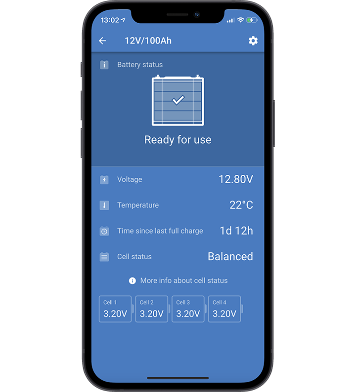 Smartphone screen showing VictronConnect app monitoring battery voltage and cell status
