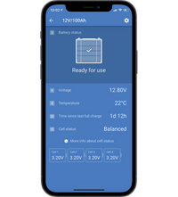 Smartphone screen showing VictronConnect app monitoring battery voltage and cell status