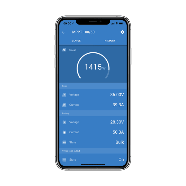 Smartphone screen showing the VictronConnect app with real-time solar and battery monitoring data