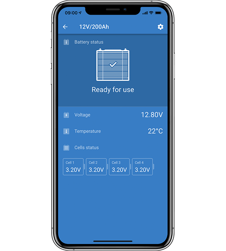 Smartphone screen showing VictronConnect app monitoring battery voltage, temperature and cell status
