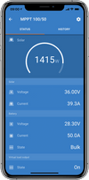 Mobile app screenshot displaying real-time solar wattage, voltage, and battery charging status
