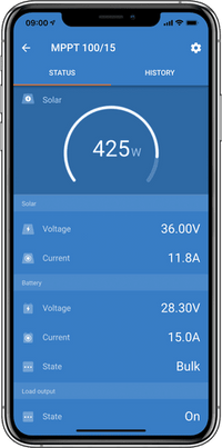 VictronConnect mobile app interface displaying real-time solar wattage and battery status