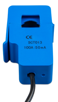 Technical label on current transformer showing 100A to 50mA ratio and model SCT013