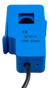 Technical label on current transformer showing 100A to 50mA ratio and model SCT013