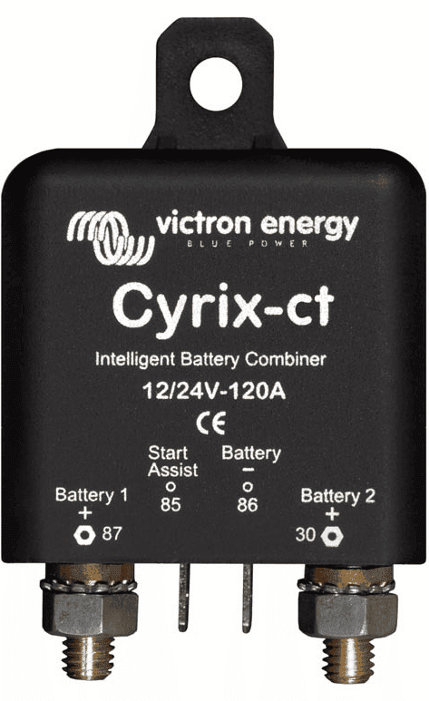 Front view of Victron Cyrix-ct 120A battery combiner showing M8 studs and control pins