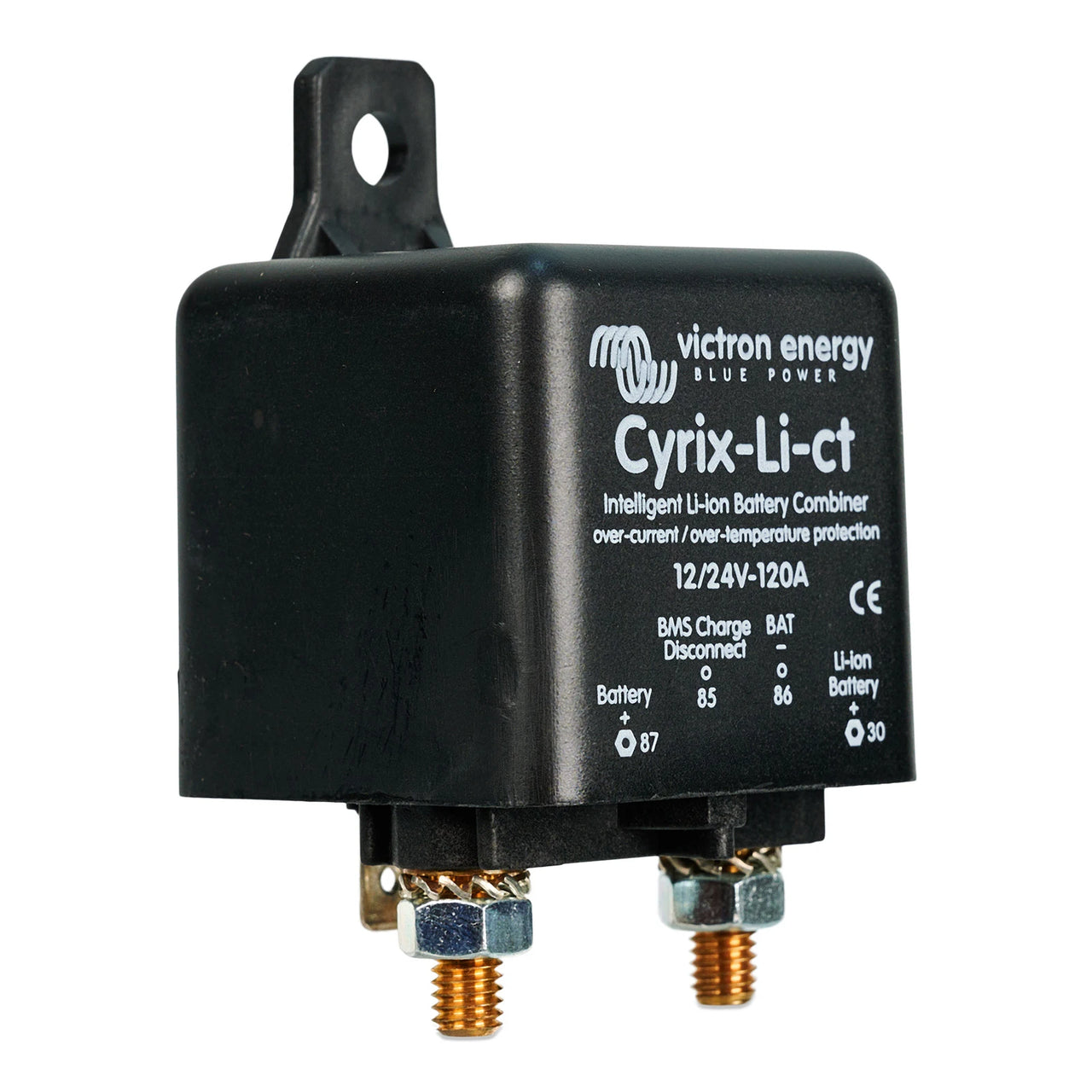 Victron Cyrix-Li-ct 120A battery combiner showing front labels and main threaded power terminals