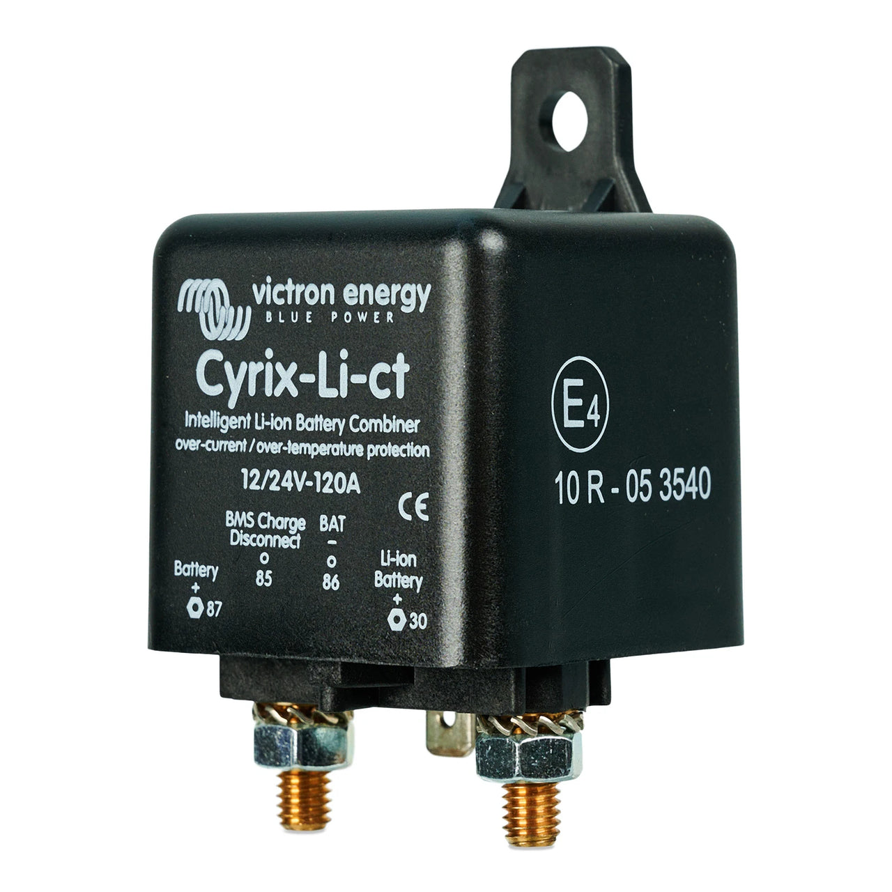 Side perspective of Cyrix-Li-ct battery combiner showing E4 regulatory marking and mounting tab