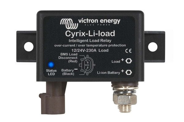 Front view of a Victron Cyrix-Li-load intelligent relay showing status LED and 230A connection terminals