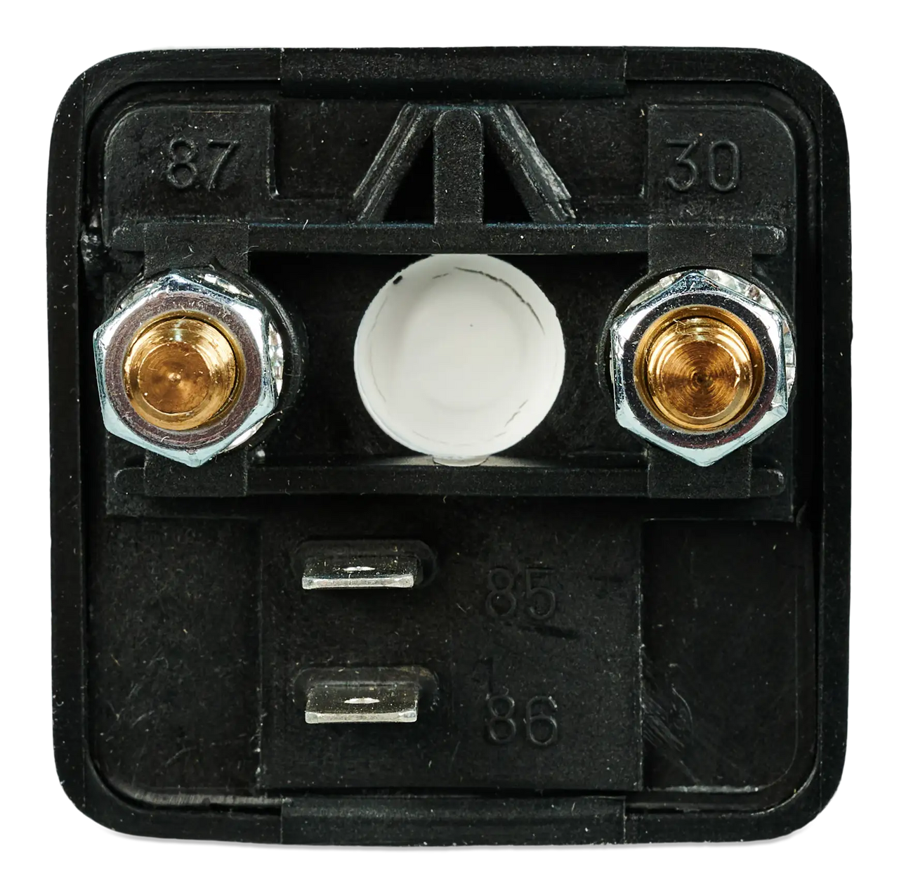 Technical bottom view of charge relay showing two M8 power studs and spade control terminals