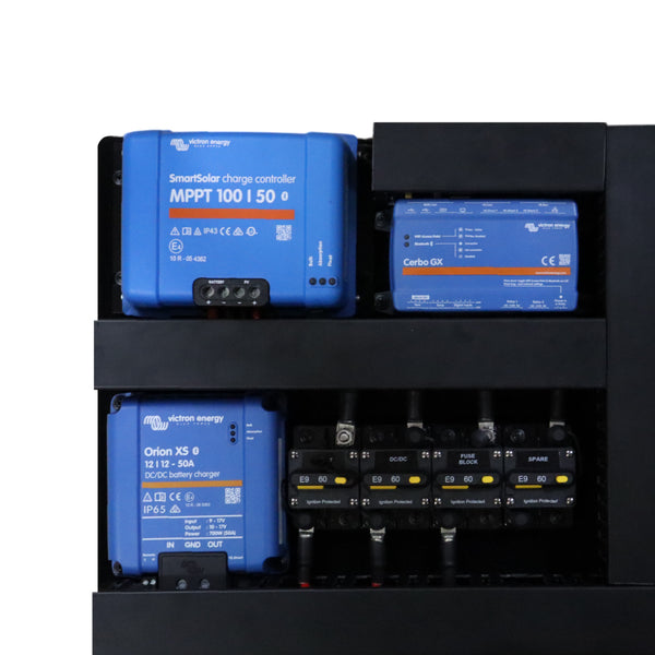 Close-up of Victron SmartSolar MPPT, Cerbo GX and Orion XS mounted on distribution board