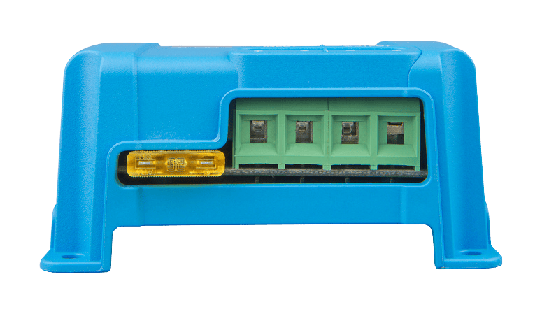 Close-up of the connection terminal block and replaceable 25A blade fuse