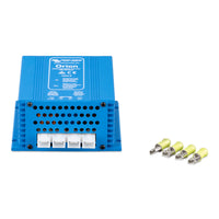 Blue DC-DC converter with four 6.3mm terminal tabs and included crimp connectors