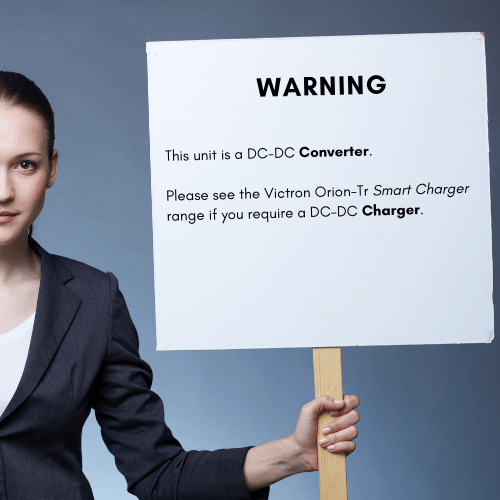Warning notice clarifying this product is a DC-DC converter not a smart battery charger