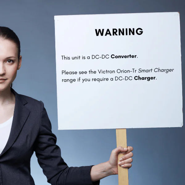 Warning message stating this unit is a DC-DC converter and not a smart charger