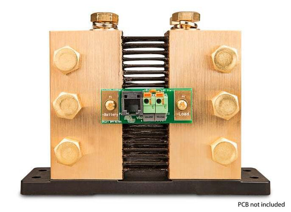 Front view of 6000A DC shunt with green Victron PCB monitoring module attached