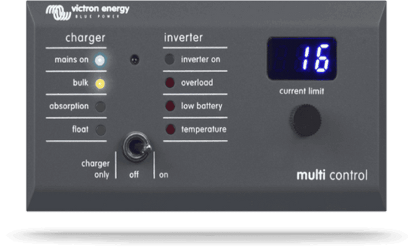 Front panel of Victron Digital Multi Control with LED status indicators, rotary knob and digital display