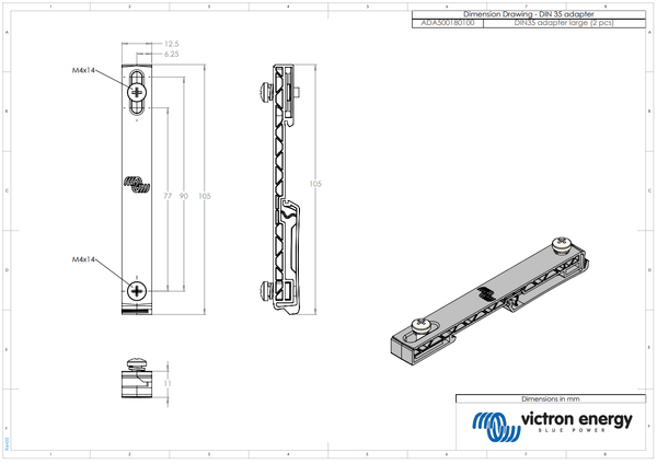 Dimensional drawing for large DIN35 adapter showing 105mm length and M4 screw positions