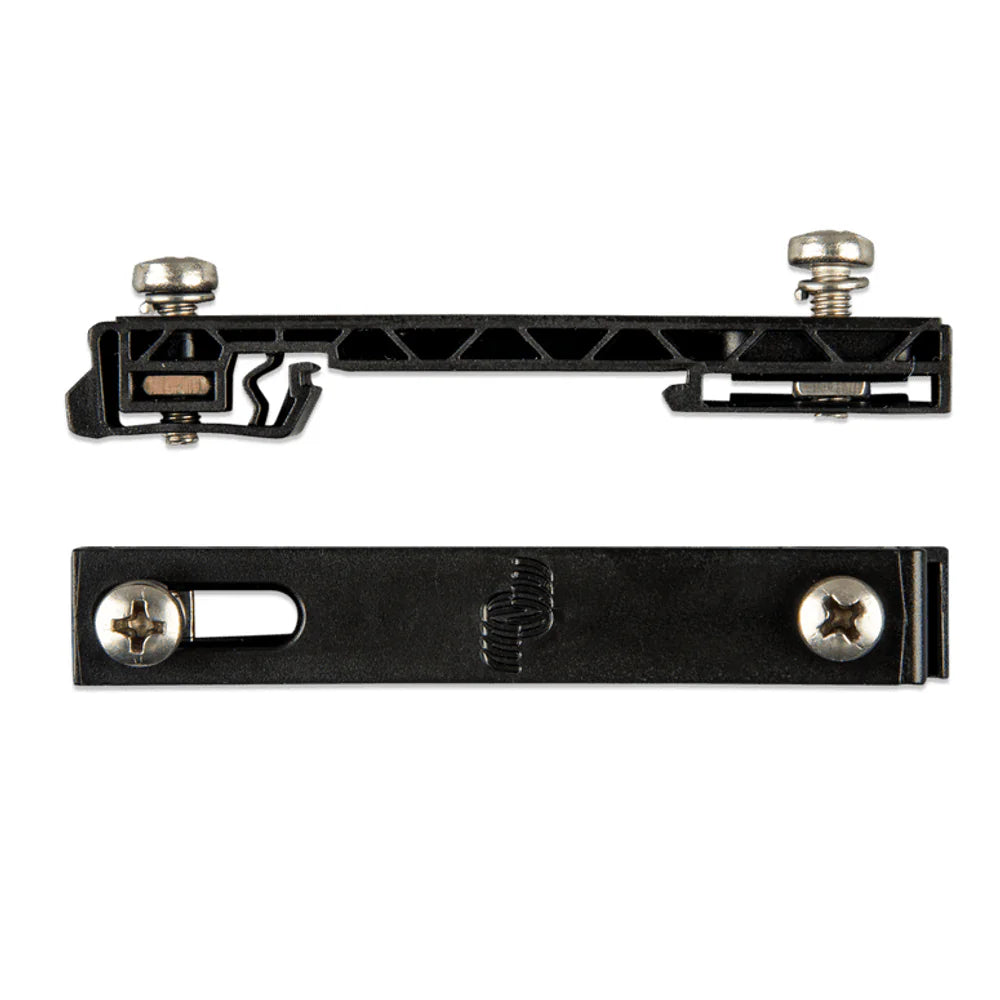 Profile and top-down views of a large black plastic DIN35 rail adapter with M4 mounting screws