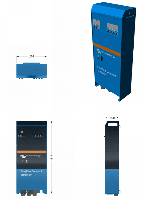 Technical dimensional drawing of Victron EasyPlus showing 517mm height and 214mm width