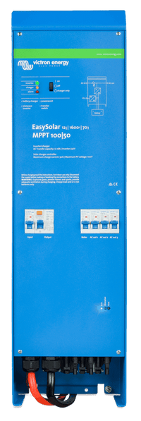 Front view of blue Victron EasySolar inverter charger showing LED indicators and AC circuit breakers
