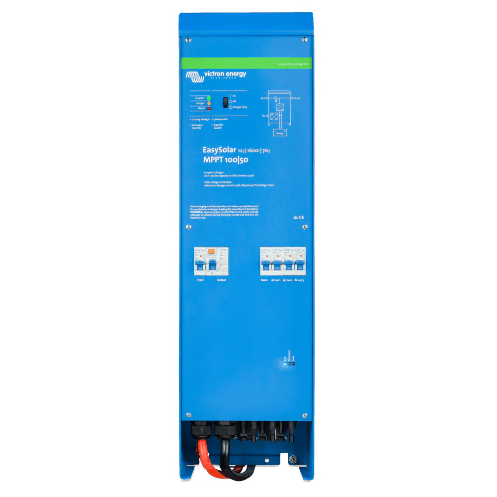 Front view of blue Victron EasySolar inverter charger showing LED indicators and AC circuit breakers