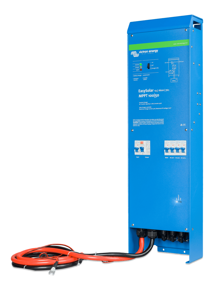 Right-angled view of the slim aluminium Victron EasySolar unit with attached battery cables