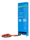 Right-angled view of the slim aluminium Victron EasySolar unit with attached battery cables