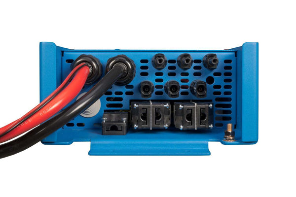 Bottom connection panel of Victron EasySolar showing battery, PV and AC terminals